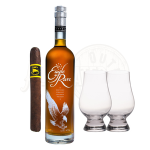 Premium Eagle Rare 10 Year Bourbon with Glencairn whiskey glass set and hand-rolled cigar bundled together for a sophisticated and indulgent drinking experience