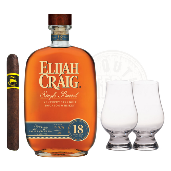 Elijah Craig 18 Year Bourbon with Glencairn Set & Cigar Bundle, an exquisite and luxurious whiskey experience for connoisseurs