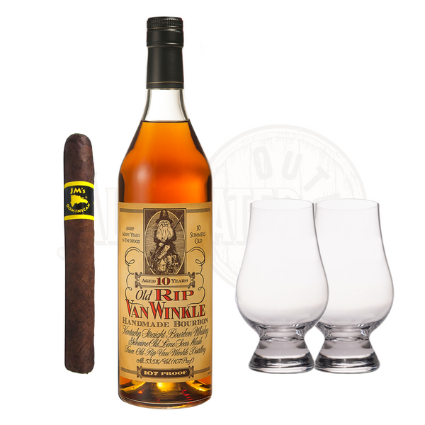 Pappy Van Winkle 10 Year Bourbon with Glencairn Set & Cigar Bundle, a luxurious and sophisticated package perfect for whiskey enthusiasts and cigar aficionados