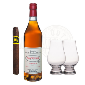 Premium Pappy Van Winkle 12 Year Bourbon with Glencairn whiskey glass and cigar bundle, perfect for whiskey enthusiasts and cigar aficionados