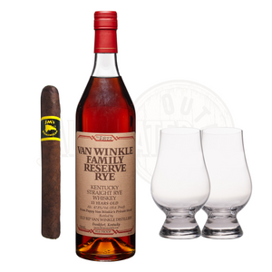 Premium Pappy Van Winkle Rye Bourbon with Glencairn whiskey glass set and cigar bundle displayed on dark wood table