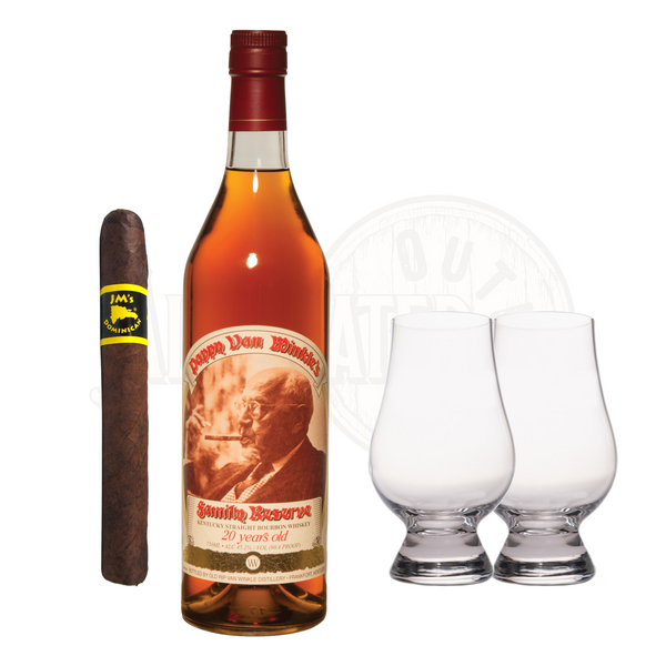 Pappy Van Winkle 20 Year Bourbon with Glencairn Set & Cigar Bundle, a luxurious and exquisite package for whiskey enthusiasts and cigar aficionados