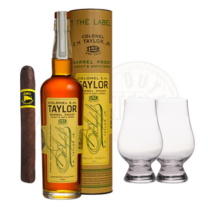 Premium EH Taylor Barrel Proof Bourbon with Glencairn Whiskey Glass Set & Cigar Bundle displayed on a wooden table