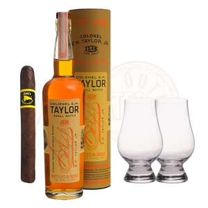 Premium EH Taylor Small Batch Bourbon with Glencairn Set & Cigar Bundle displayed in elegant packaging