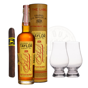 Premium EH Taylor Straight Rye Bourbon in Glencairn glass with cigar bundle