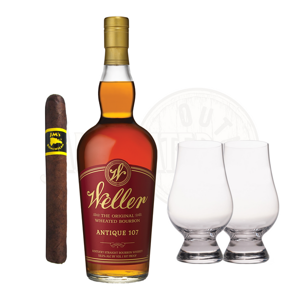 A luxurious set featuring a bottle of WL Weller Antique 107 Bourbon, a Glencairn glass, and a cigar bundle for a sophisticated drinking experience