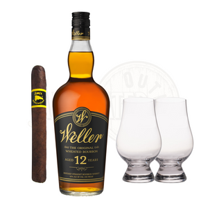 An image of a WL Weller 12 Year Bourbon bottle with a Glencairn whisky glass set and a cigar bundle, perfect for a relaxing evening