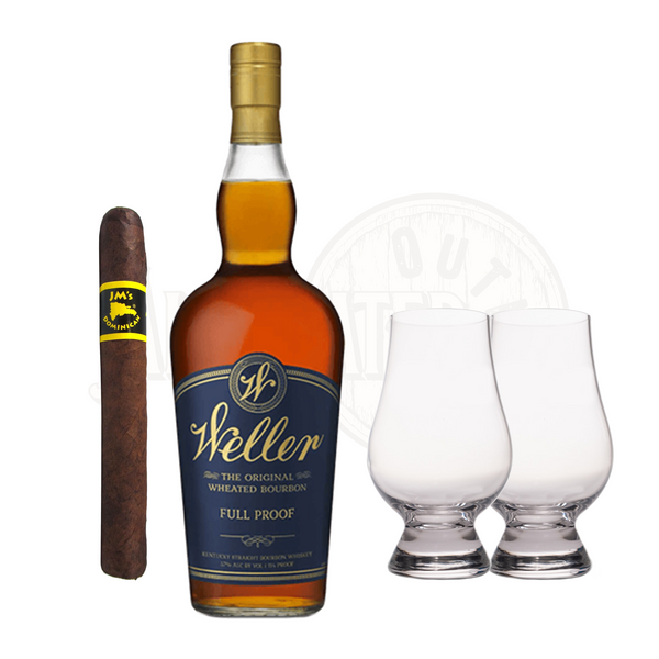 Close-up of WL Weller Full Proof Bourbon bottle with Glencairn glass and cigar in bundle