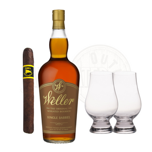 A bottle of WL Weller Single Barrel Bourbon with Glencairn glass set and a cigar bundle, perfect for a relaxing evening