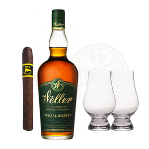 Image of WL Weller Special Reserve Bourbon with Glencairn Set & Cigar Bundle, perfect for a relaxing and indulgent evening